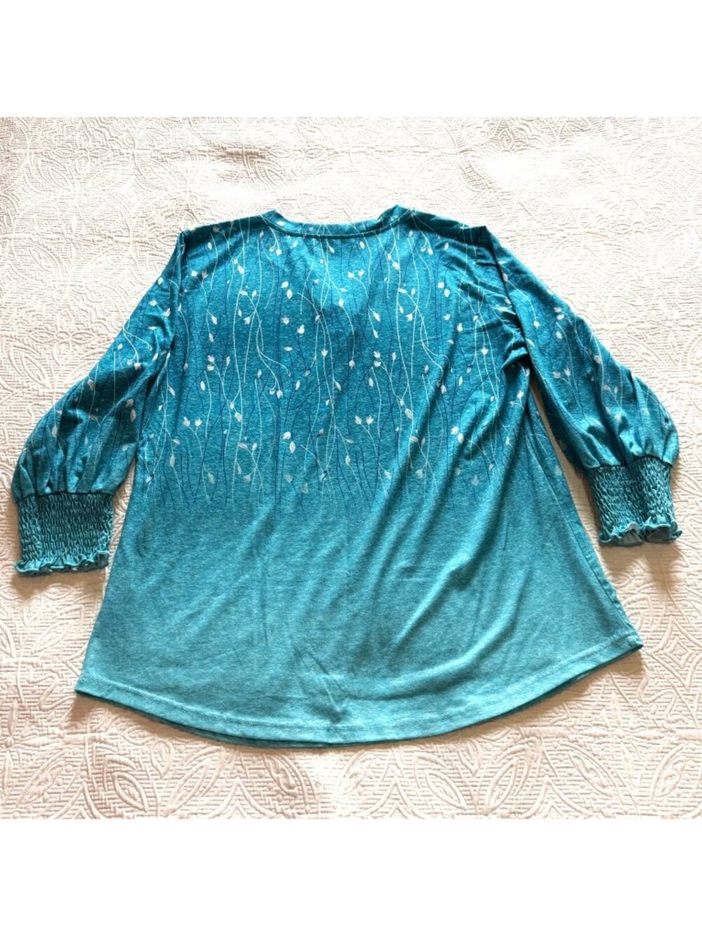 LOMON Teal Floral Tunic Top L Smocked Sleeve Boho Stretch Knit Blouse Women's